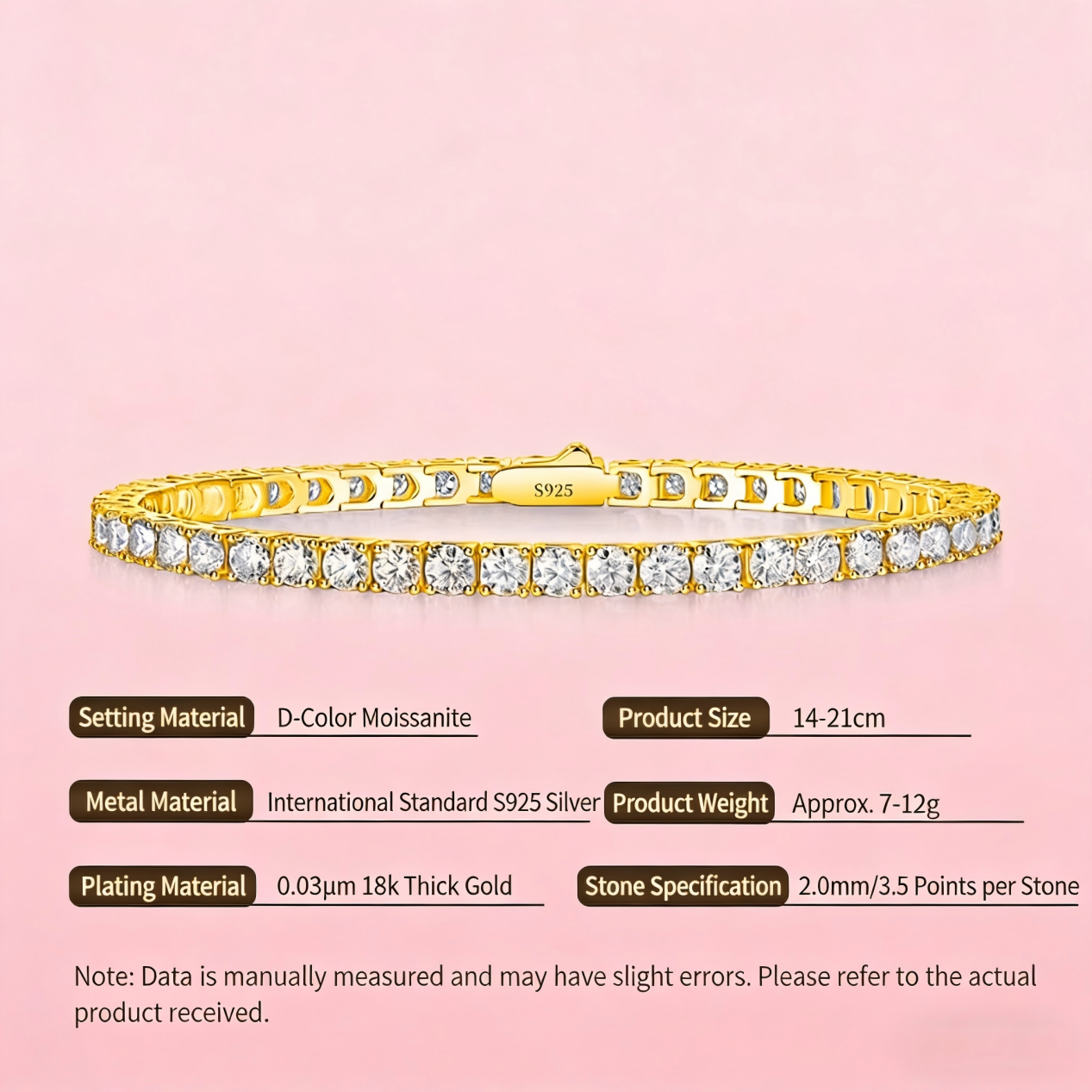 S925 Sterling Silver Moissanite Tennis Bracelet Gold Plated | Luxury Jewelry for Women Men In Stock