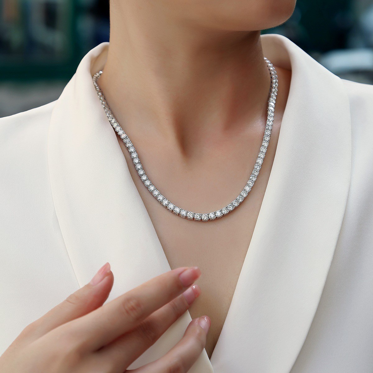 European American Style 925 Silver Moissanite Tennis Necklace | Luxury Stackable Clavicle Necklace In Stock