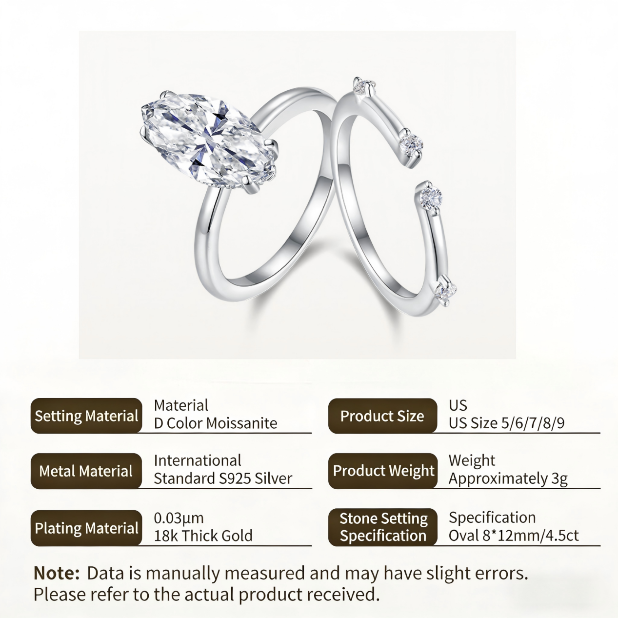 925 Sterling Silver 3CT Oval Moissanite Double Ring