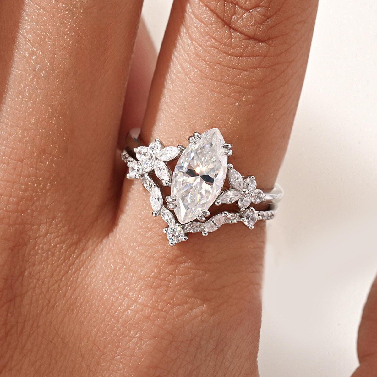 S925 Sterling Silver Full-Set Moissanite Marquise Ring | Luxury Stackable Design with Stunning Sparkle