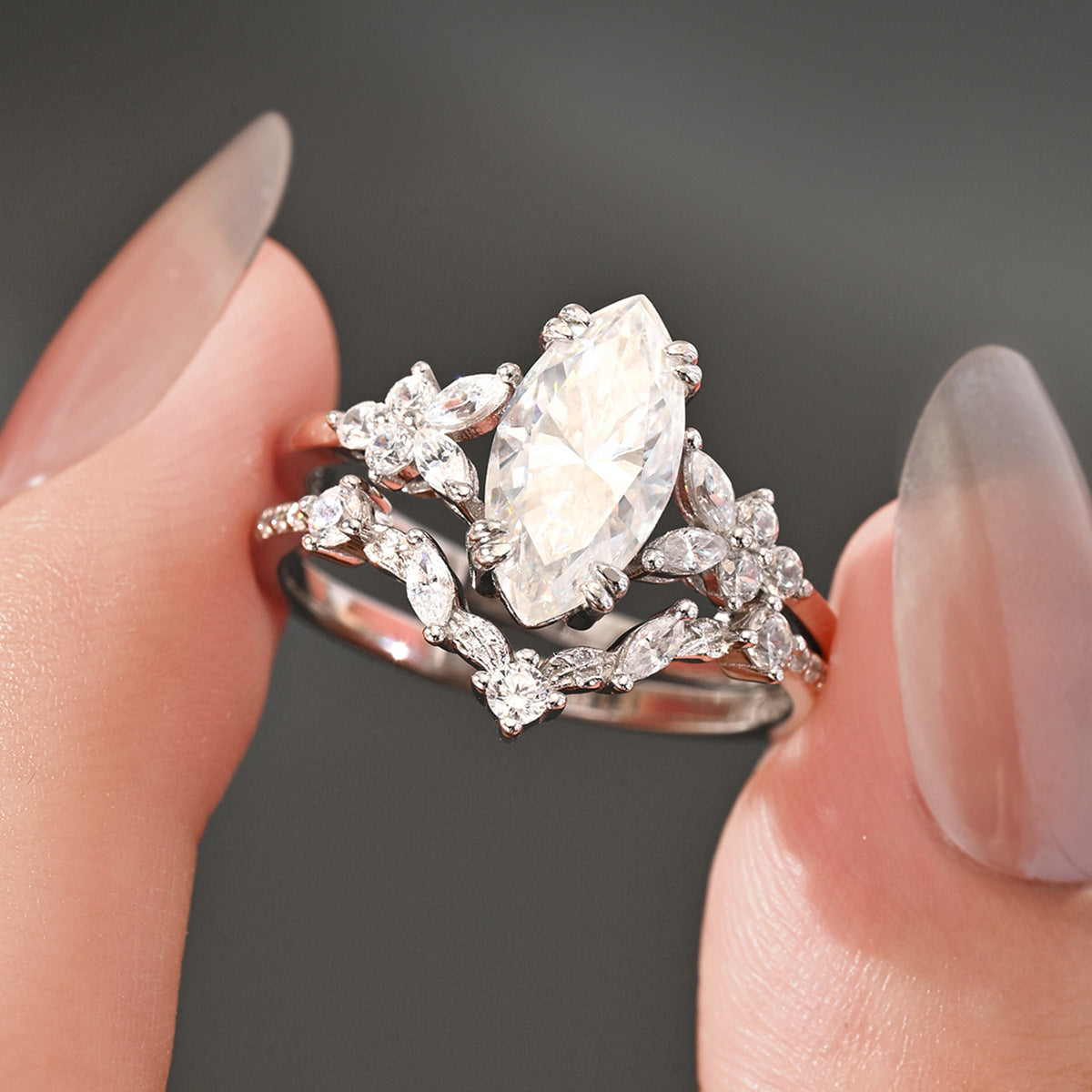 S925 Sterling Silver Full-Set Moissanite Marquise Ring | Luxury Stackable Design with Stunning Sparkle